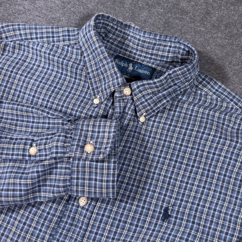 Ralph Lauren Button Down Shirt Mens L Blue Plaid Classic Fit Long Sleeve Pony